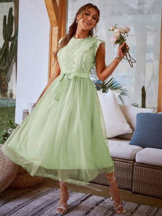 Simplee Apparel Dresses & Skirts - Women's Simplee Brand Contrast Lace Mint Green Belted Mesh Midi Dress | SIZE L